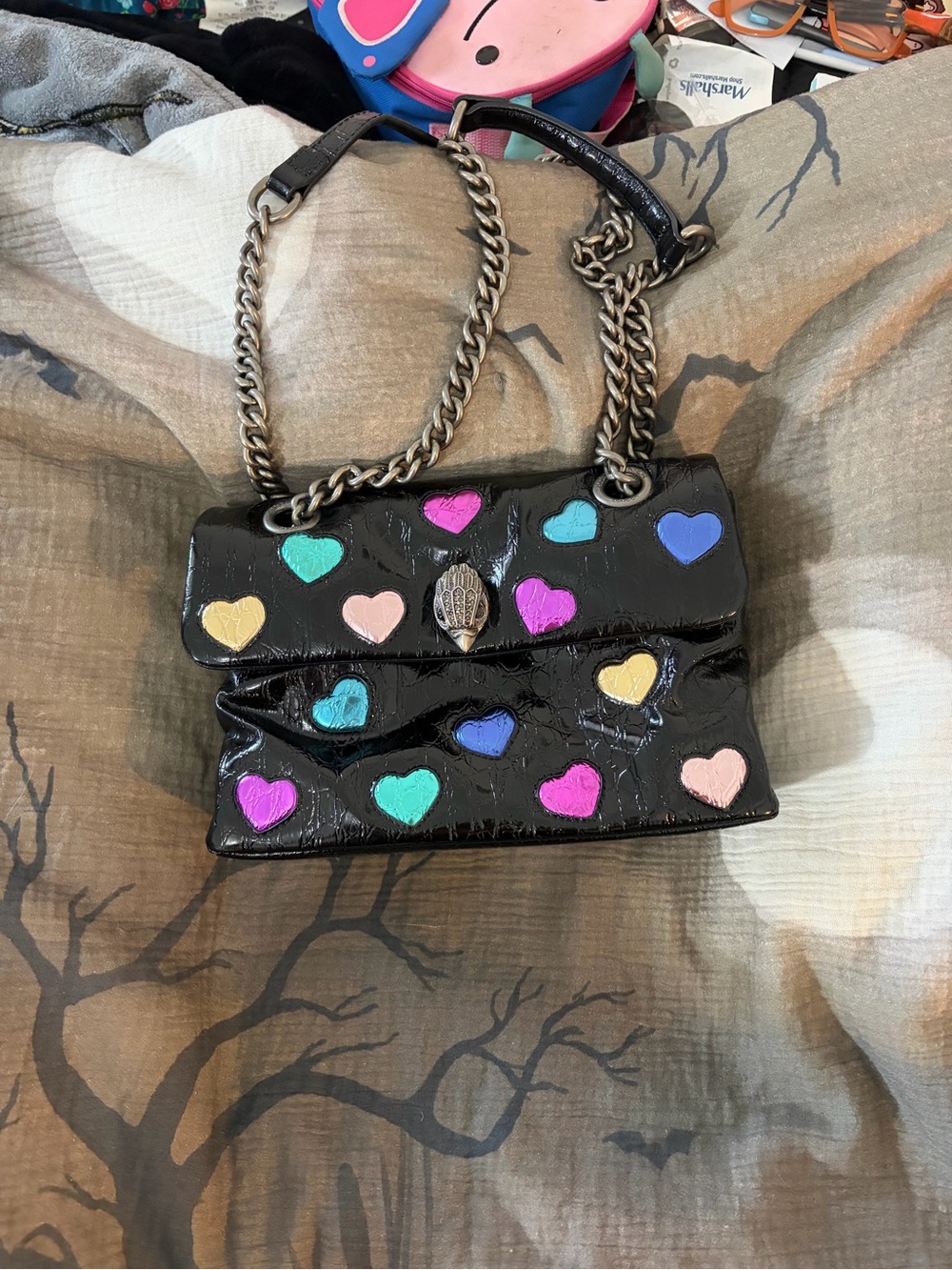 Kurt Geiger Black Patent Shoulder Bag with Multicolor Heart Accents
